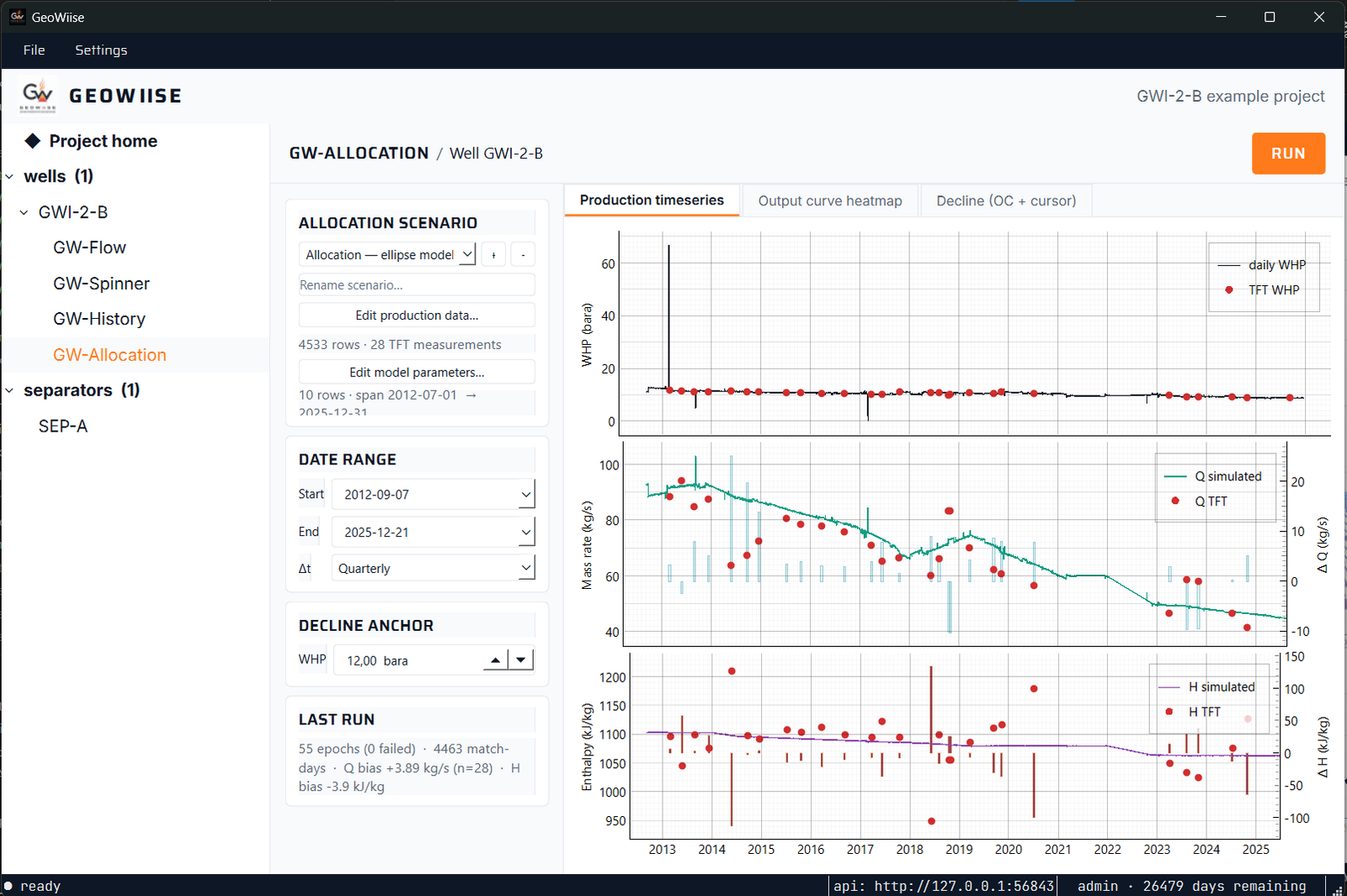 GW-Allocation production timeseries in the GeoWiise app — wellhead pressure, mass rate, and enthalpy matched against tracer-flow-test points