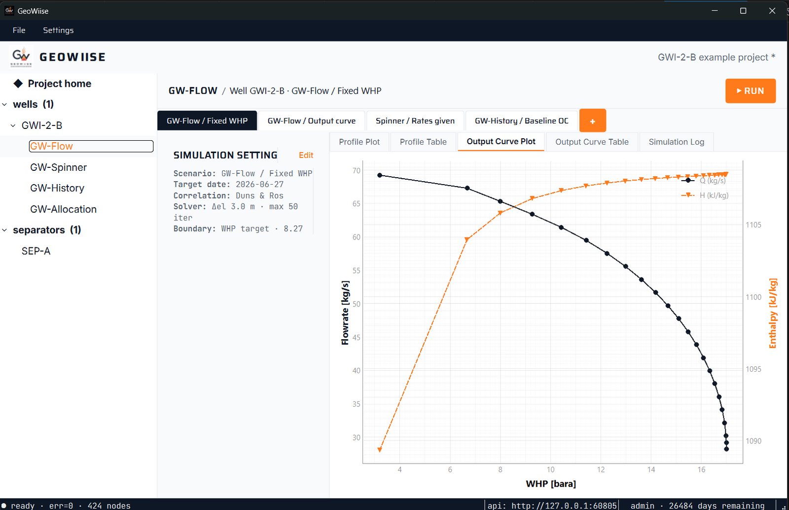GW-Flow output curve plot in the GeoWiise app — flow rate and enthalpy vs. wellhead pressure