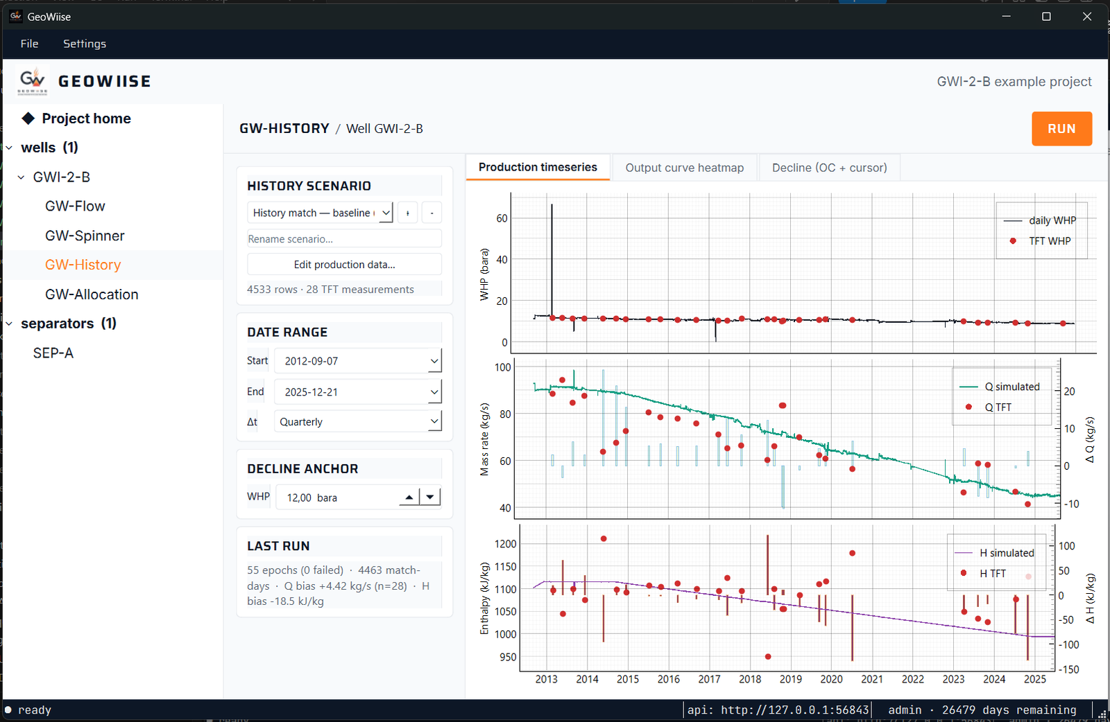 GW-History production timeseries in the GeoWiise app — long-term history match of wellhead pressure, mass rate, and enthalpy
