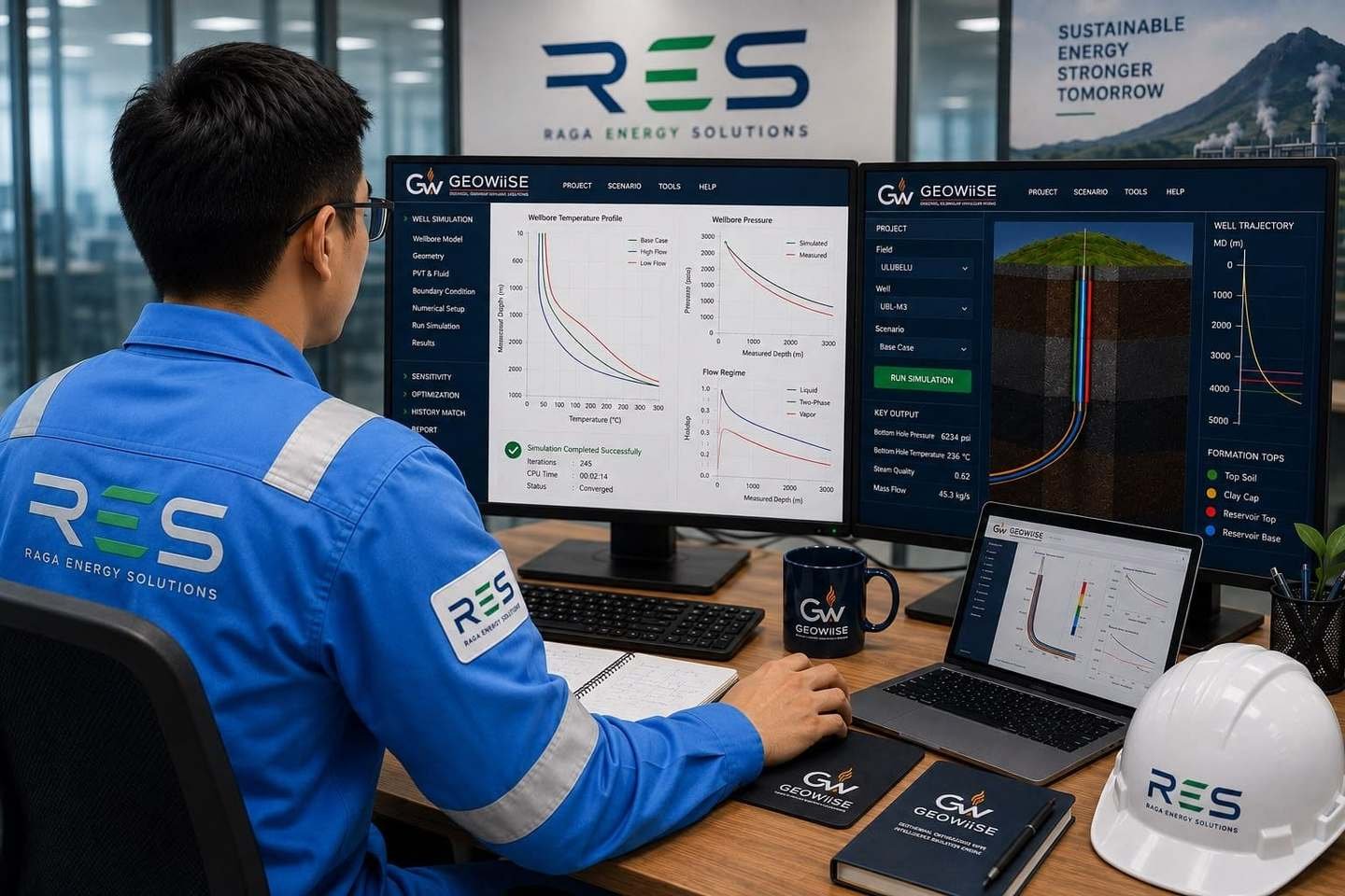 Raga Energy Solutions engineer reviewing GeoWiise well simulation output on desktop and laptop screens