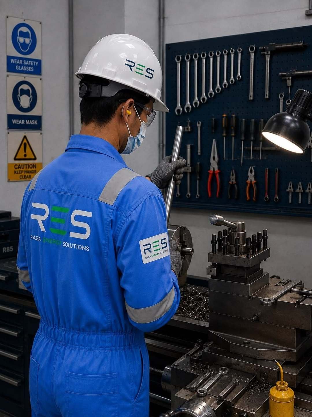 Raga Energy Solutions engineer operating a lathe in the tool workshop