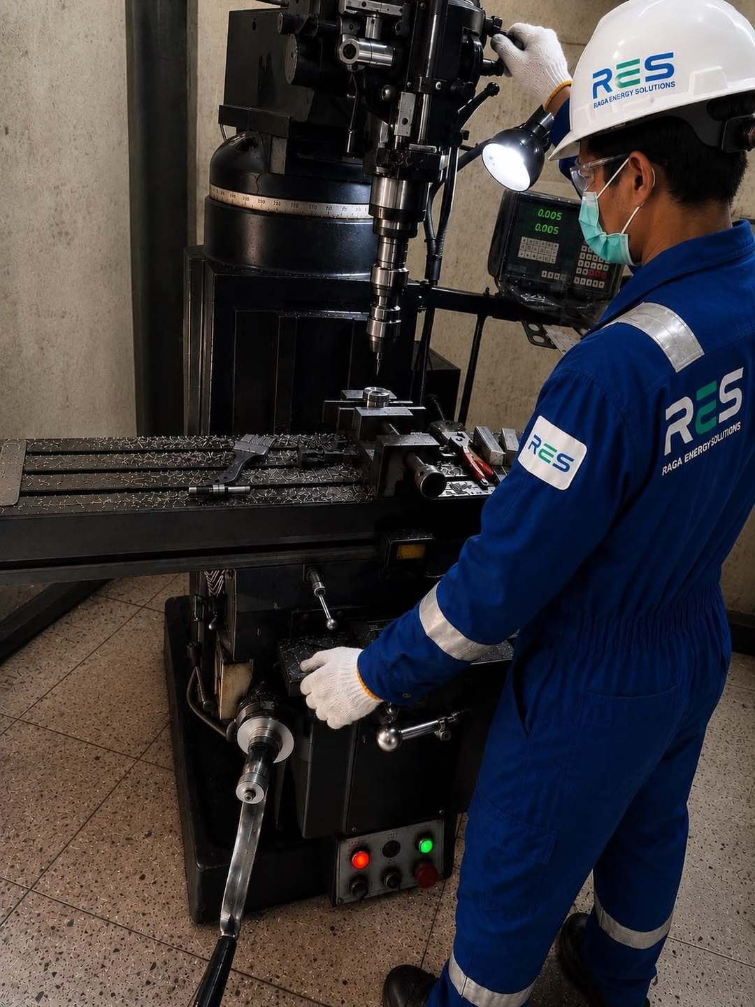 Raga Energy Solutions engineer operating a milling machine in the fabrication workshop